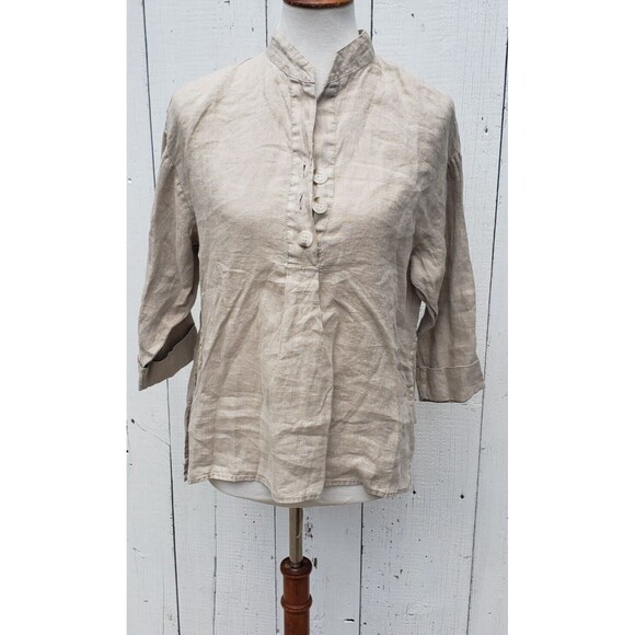 XCVI Tops - XCVI Women's Beige 3/4 Sleeve Half Button 100% LINEN Oversized Top Shirt Sz XS